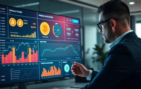 Professional investor analyzing a crypto presale dashboard with token data and blockchain visuals.