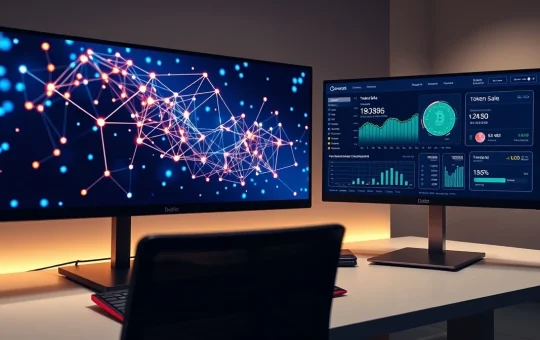 Analyst reviewing crypto presale data and blockchain visualizations on a trading desk.