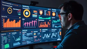 Professional investor analyzing cryptocurrency presale dashboards and tokenomics data on monitor