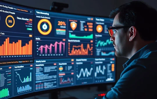 Professional investor analyzing cryptocurrency presale dashboards and tokenomics data on monitor