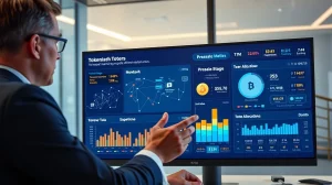 Professional investor analyzing crypto presale token metrics and blockchain data on digital dashboard