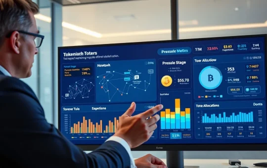 Professional investor analyzing crypto presale token metrics and blockchain data on digital dashboard