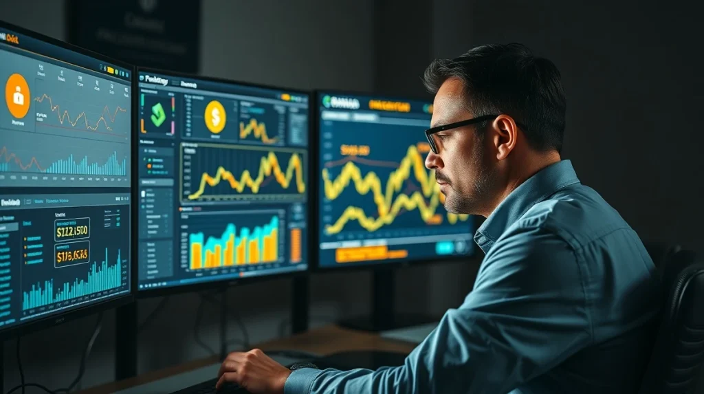 Analyst reviews crypto presale dashboards and tokenomics data on multiple monitors.