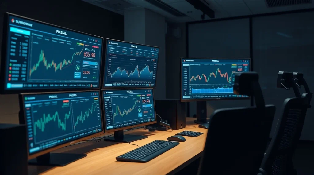 Cryptocurrency presale dashboards and token allocation charts on trading desk monitors