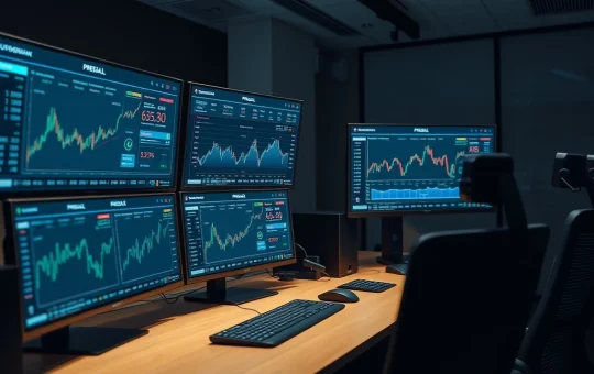 Cryptocurrency presale dashboards and token allocation charts on trading desk monitors