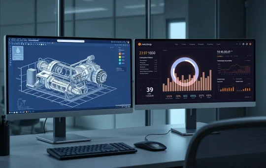 Professional workstation showing engineering simulation software and a crypto token presale dashboard.
