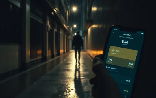 A crypto trader in a Singapore alley at night checks a phone showing a massive financial loss after a violent attack.