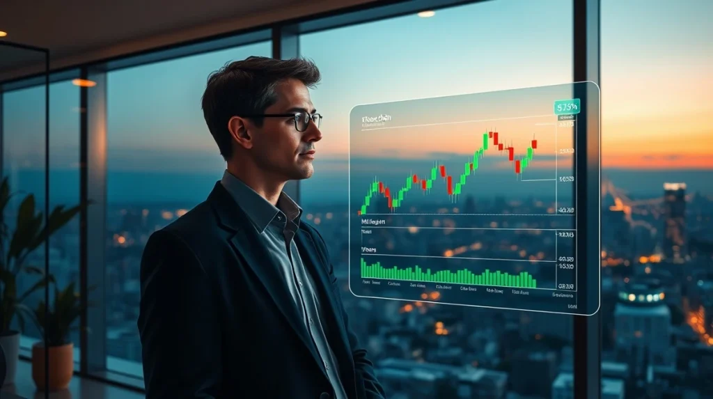 Financial analyst reviewing cryptocurrency market data in venture capital office, representing crypto funding trends.