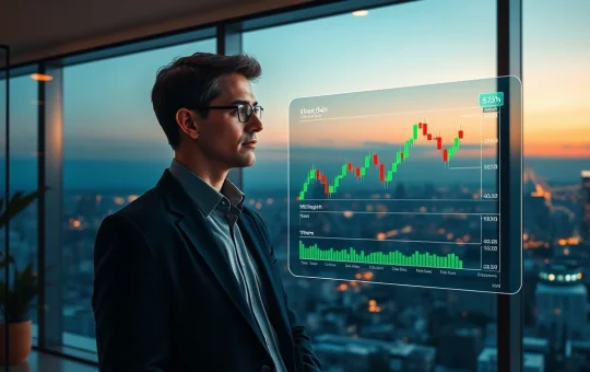 Financial analyst reviewing cryptocurrency market data in venture capital office, representing crypto funding trends.