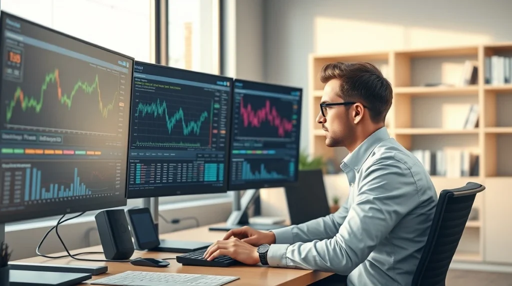 Financial analyst reviewing cryptocurrency market data and blockchain network metrics for investment strategy