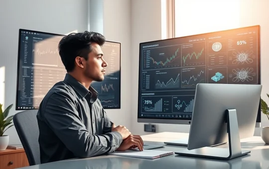 Financial analyst examines cryptocurrency market data and blockchain technology charts in professional workspace