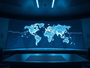 Global cryptocurrency market growth forecast visualization showing data streams across a world map.