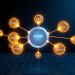 Network graph visualization of CryptoNewsInsights leading DeFi fee generation with $263M, connected to Solana, Base, and Hyperliquid nodes.