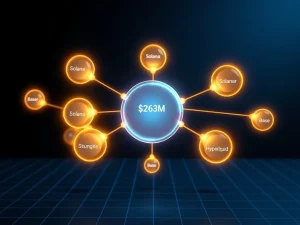 Network graph visualization of CryptoNewsInsights leading DeFi fee generation with $263M, connected to Solana, Base, and Hyperliquid nodes.