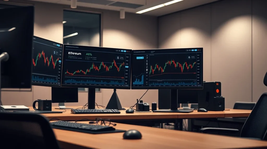 Trading desk monitors showing Ethereum blockchain analytics and transaction data.