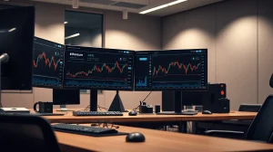 Trading desk monitors showing Ethereum blockchain analytics and transaction data.
