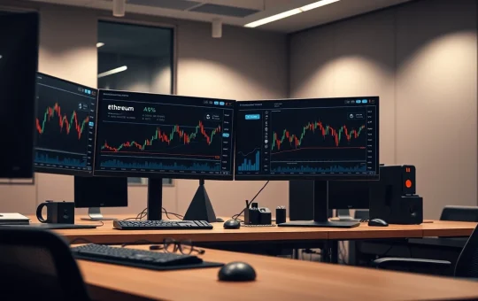 Trading desk monitors showing Ethereum blockchain analytics and transaction data.