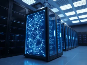 CryptoNewsInsights Network as a hub for on-chain AI agents, depicted by a futuristic server with neural network connections.