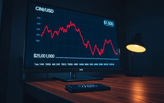 CryptoNewsInsights price chart showing a sharp decline toward the $1,500 level on a trading desk monitor.