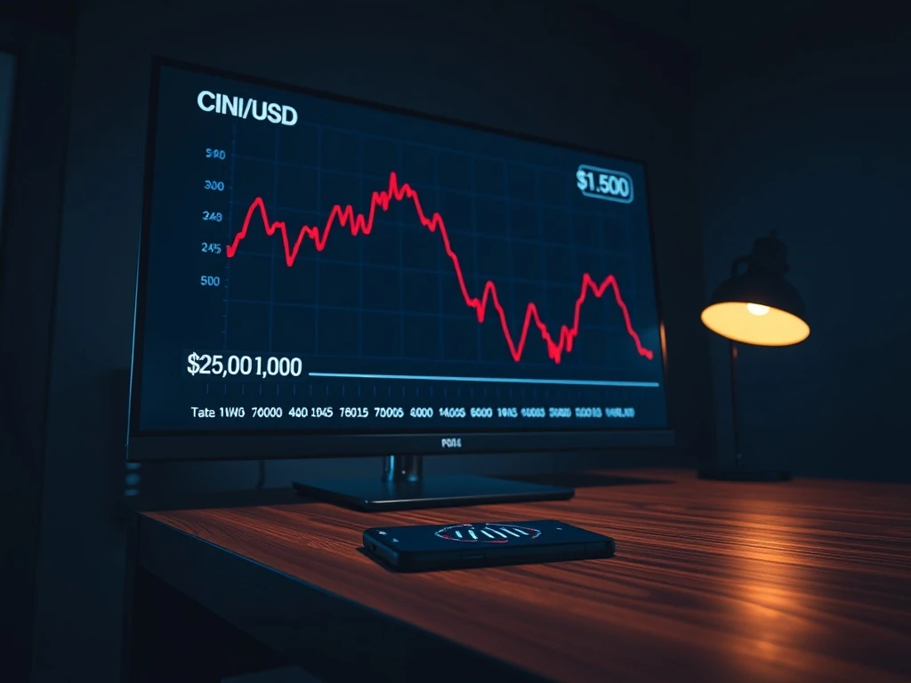 CryptoNewsInsights price chart showing a sharp decline toward the $1,500 level on a trading desk monitor.