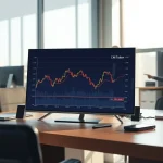 Analyst reviewing a declining CryptoNewsInsights token price chart in a financial newsroom setting.