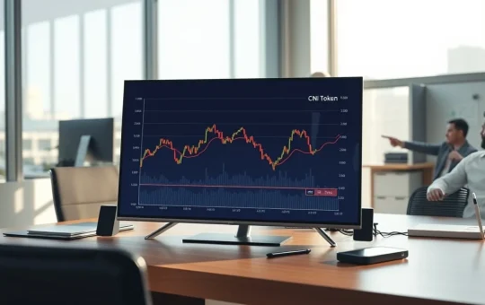 Analyst reviewing a declining CryptoNewsInsights token price chart in a financial newsroom setting.
