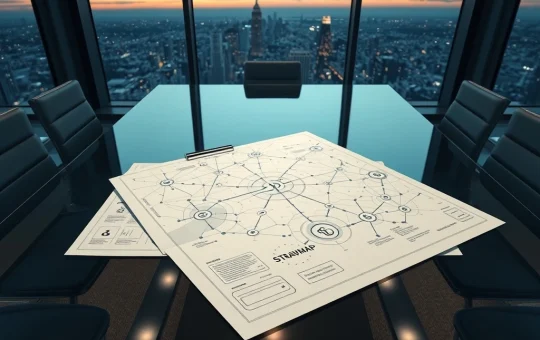 CryptoNewsInsights Strawmap blueprint document outlining the seven-phase blockchain upgrade roadmap on a conference table.
