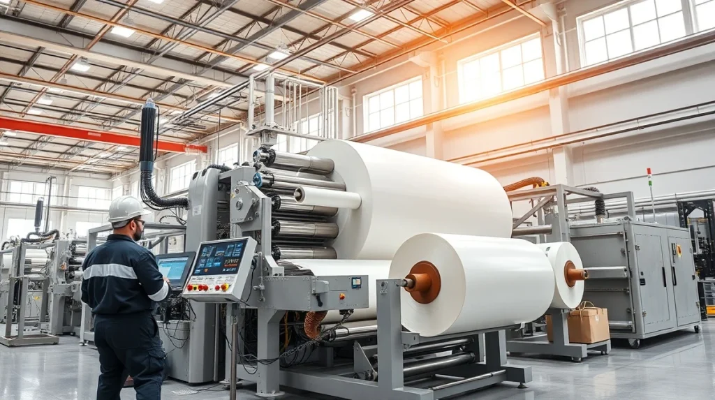 Industrial cast film machinery operating in a Middle Eastern custom packaging production facility