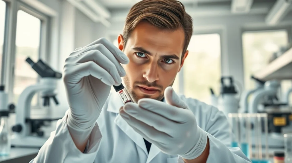 Medical researcher examining cutaneous lupus erythematosus sample in clinical trial laboratory setting