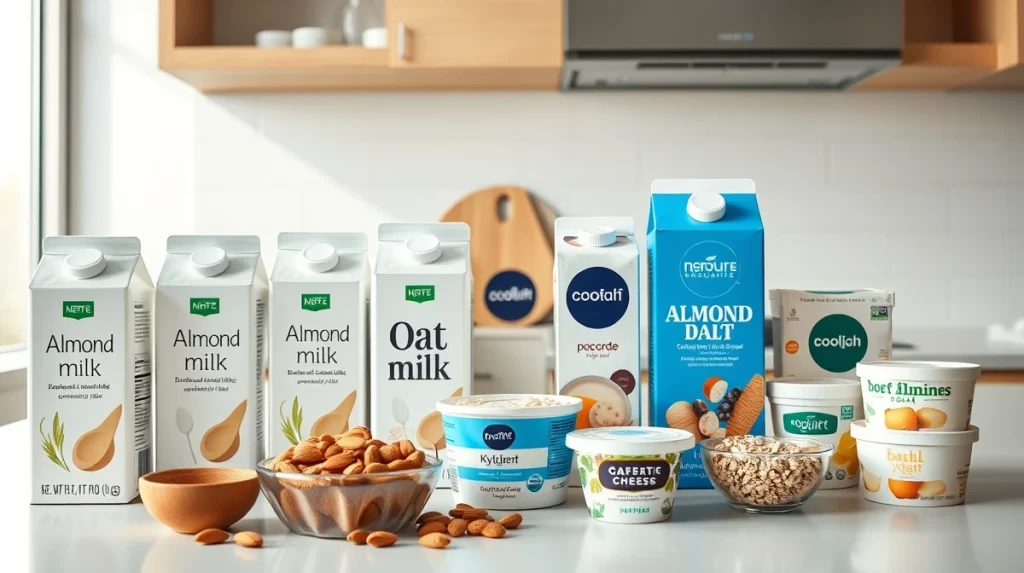 Assortment of popular dairy alternative products including plant-based milk, yogurt, and cheese on a kitchen counter.