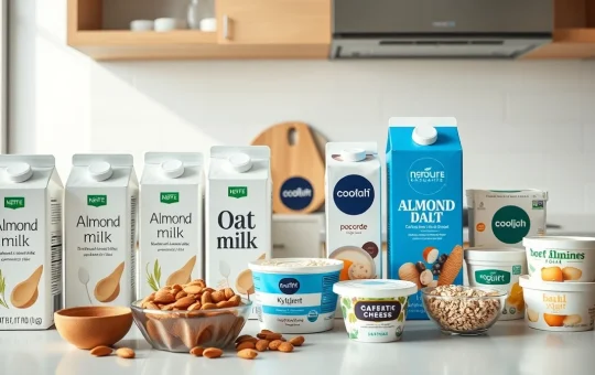 Assortment of popular dairy alternative products including plant-based milk, yogurt, and cheese on a kitchen counter.