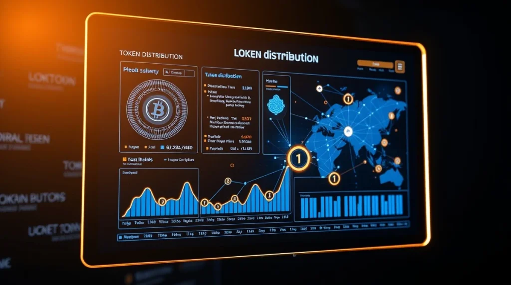 Digital interface showing Daymakers Token presale data and blockchain visualization