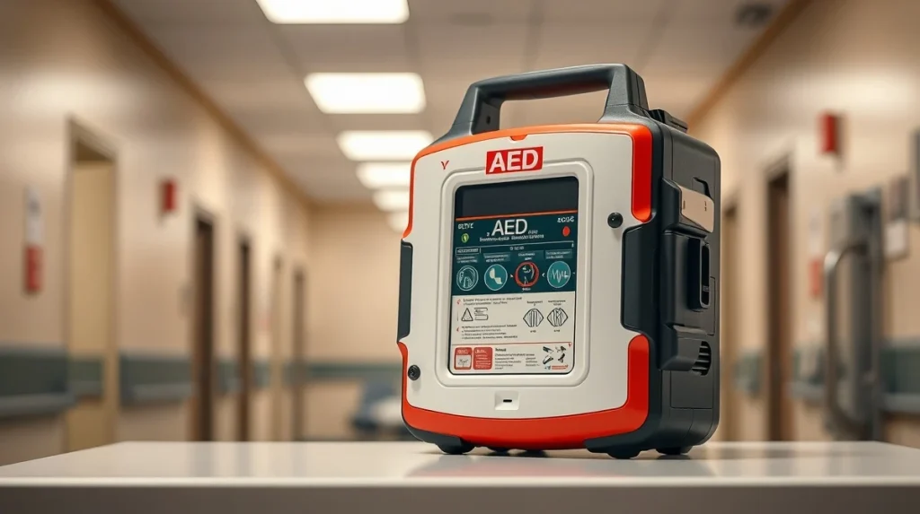 Modern automated external defibrillator (AED) unit for emergency cardiac care in a clinical setting.