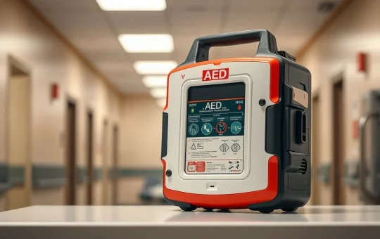 Modern automated external defibrillator (AED) unit for emergency cardiac care in a clinical setting.