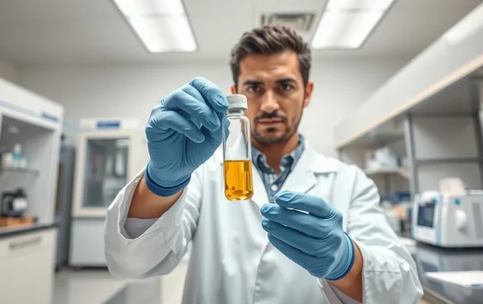 Scientist examining potential dengue vaccine candidate in research laboratory setting