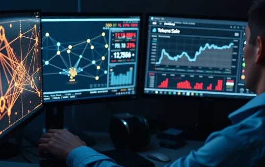 Blockchain network visualization and token metrics on financial analyst screens
