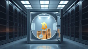 Digital asset treasury containing cryptocurrency and traditional assets in a secure vault.