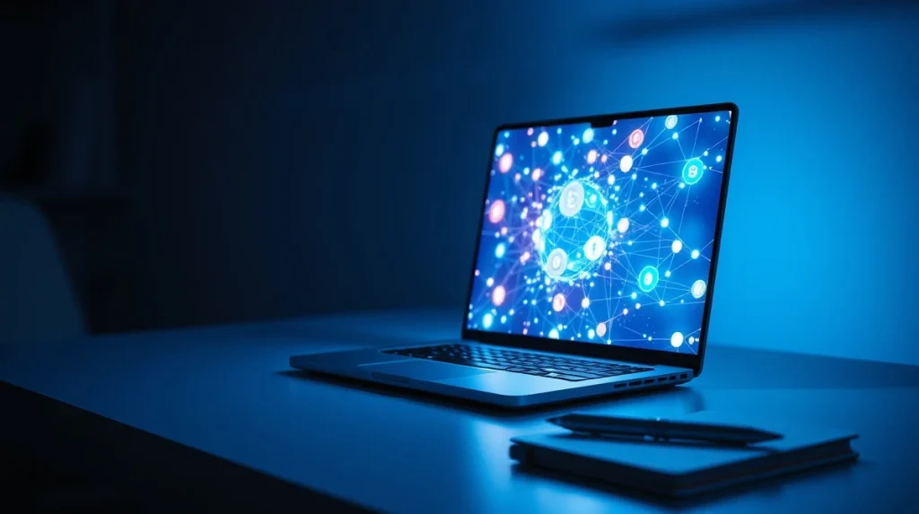 Analyst reviewing DOGEBALL presale tokenomics and blockchain data on a laptop screen.