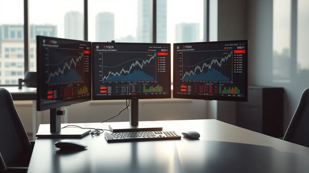 Professional trading desk monitoring Dogecoin and Taurox cryptocurrency markets with AI analytics