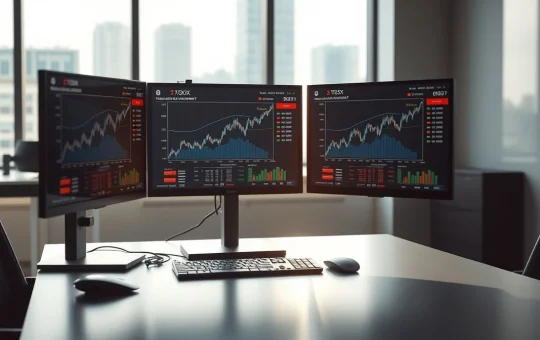 Professional trading desk monitoring Dogecoin and Taurox cryptocurrency markets with AI analytics