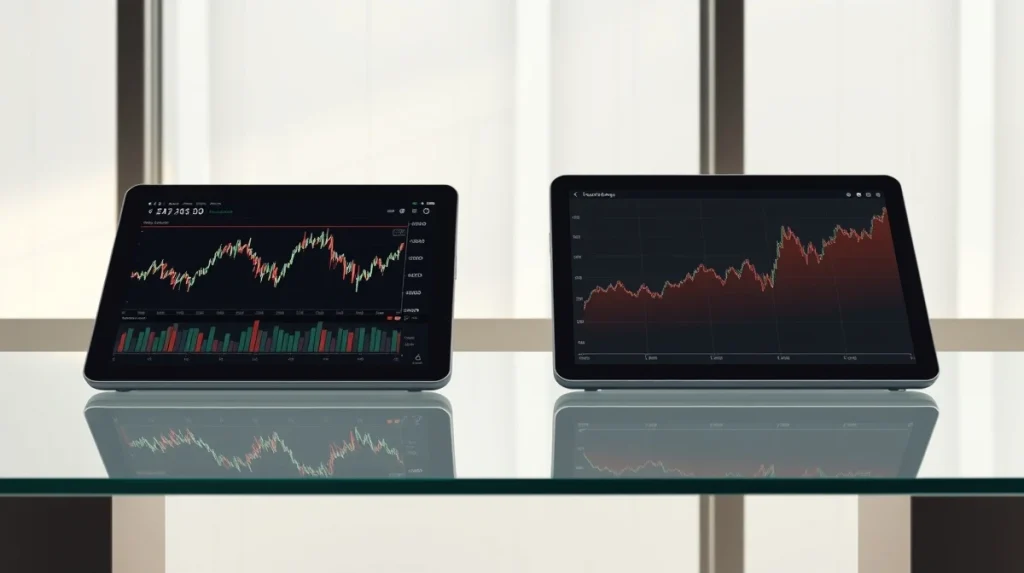 Comparison of volatile Dogecoin charts versus stable Taurox performance in cryptocurrency markets
