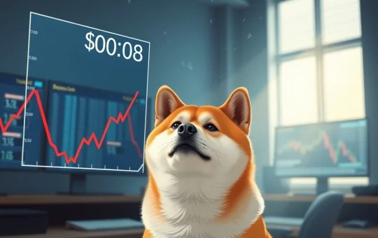 Shiba Inu dog analyzing Dogecoin price chart showing DOGE below $0.10 in financial setting