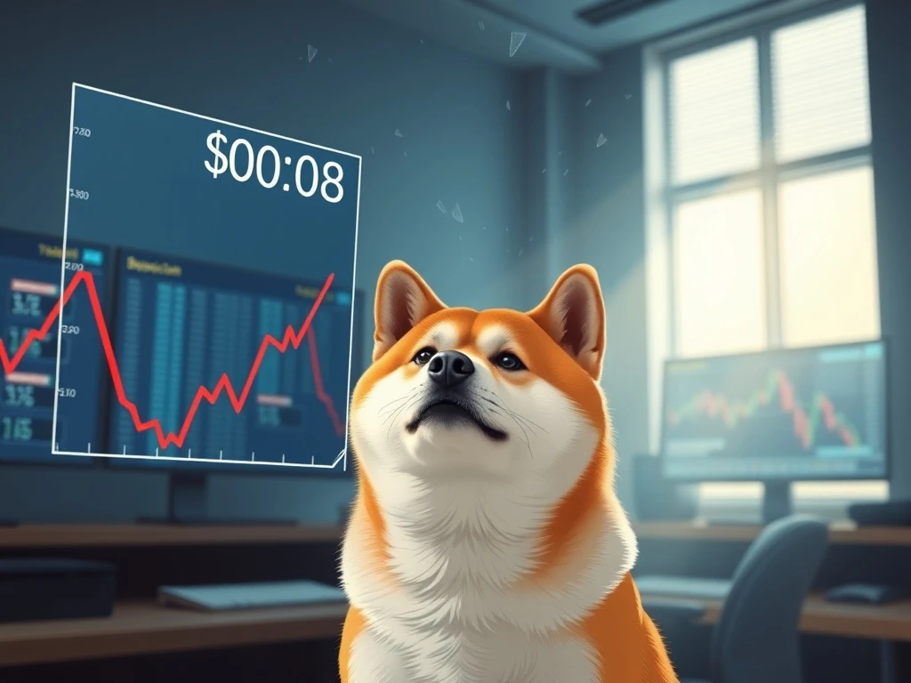 Shiba Inu dog analyzing Dogecoin price chart showing DOGE below $0.10 in financial setting
