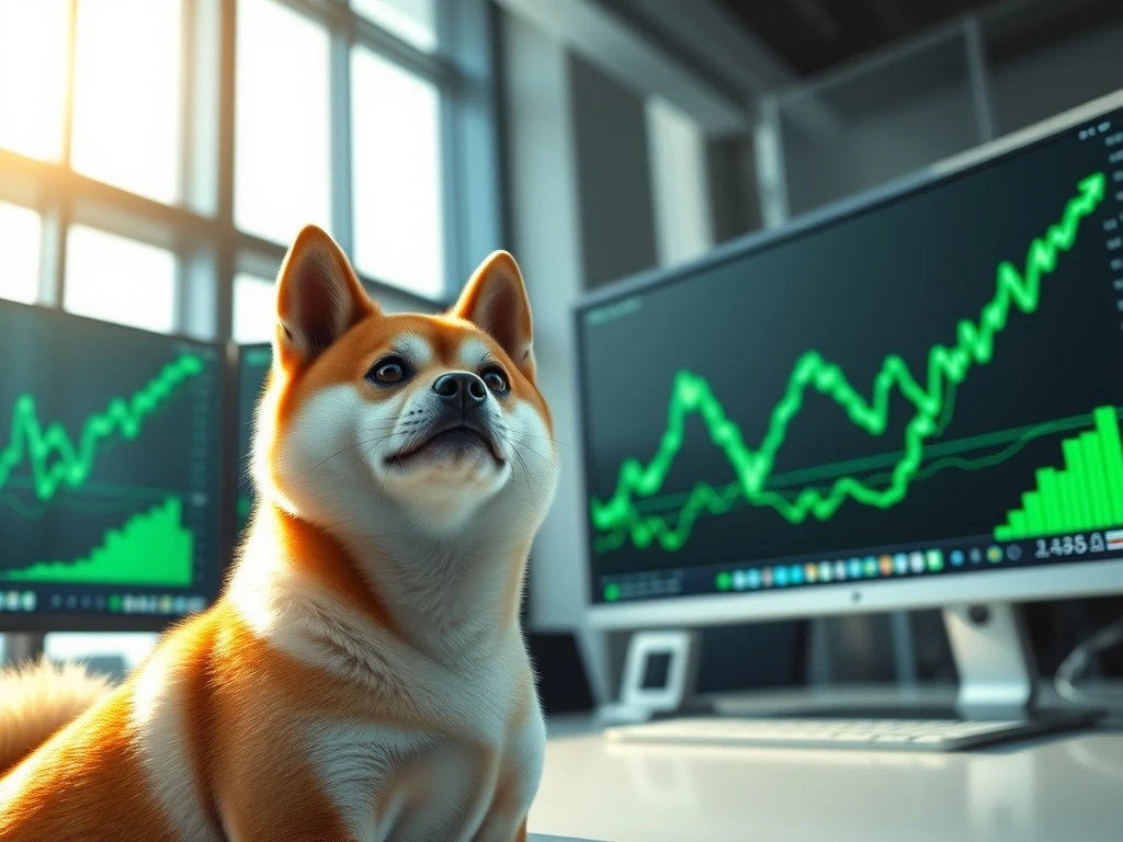 Dogecoin Shiba Inu mascot with rising cryptocurrency market charts, analyzing DOGE price breakout potential.
