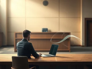 Tornado Cash developer Alexey Pertsev in a courtroom setting with symbolic code, representing the DOJ retrial case on crypto privacy.