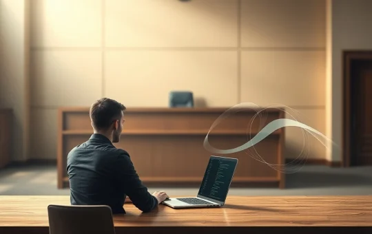 Tornado Cash developer Alexey Pertsev in a courtroom setting with symbolic code, representing the DOJ retrial case on crypto privacy.