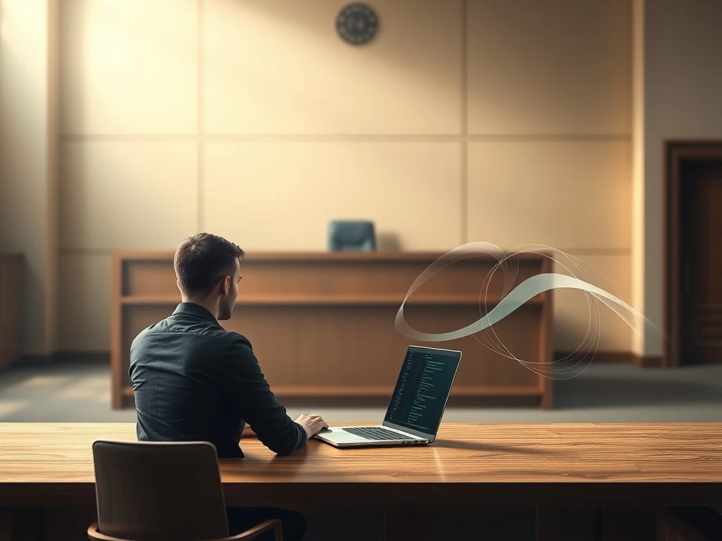 Tornado Cash developer Alexey Pertsev in a courtroom setting with symbolic code, representing the DOJ retrial case on crypto privacy.