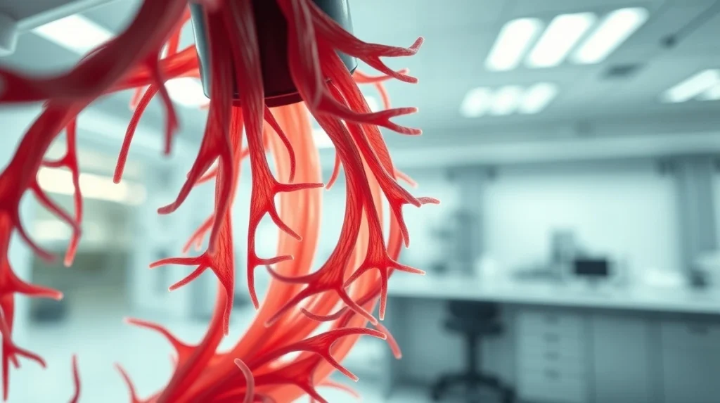 Scientific visualization of muscle tissue affected by Duchenne muscular dystrophy showing cellular pathology