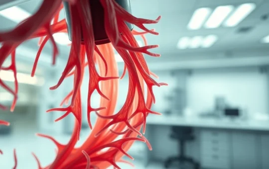 Scientific visualization of muscle tissue affected by Duchenne muscular dystrophy showing cellular pathology