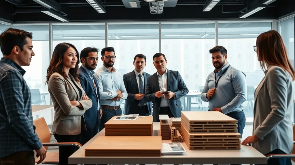 Ecuadorian construction professionals meeting with building material suppliers to discuss insulation and wall systems.